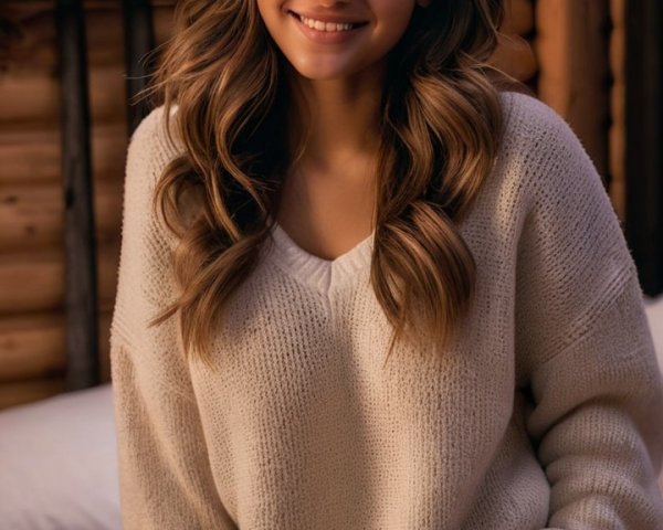 Cozy Cabin Setting with Young Woman in Sweater