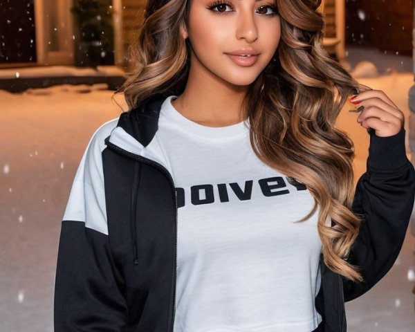 Young woman in winter attire outdoors at night