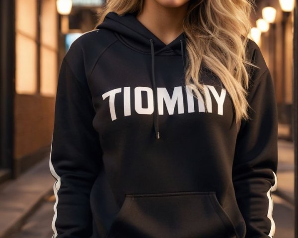 Young woman in black hoodie poses in urban alleyway