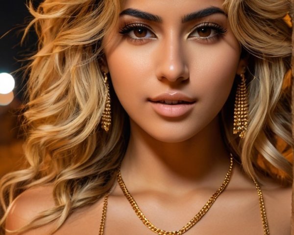 Young Woman in White Outfit with Curly Hair and Jewelry