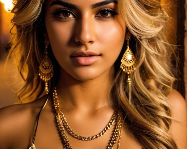 Confident Woman in Shimmering Gold Top and Jewelry