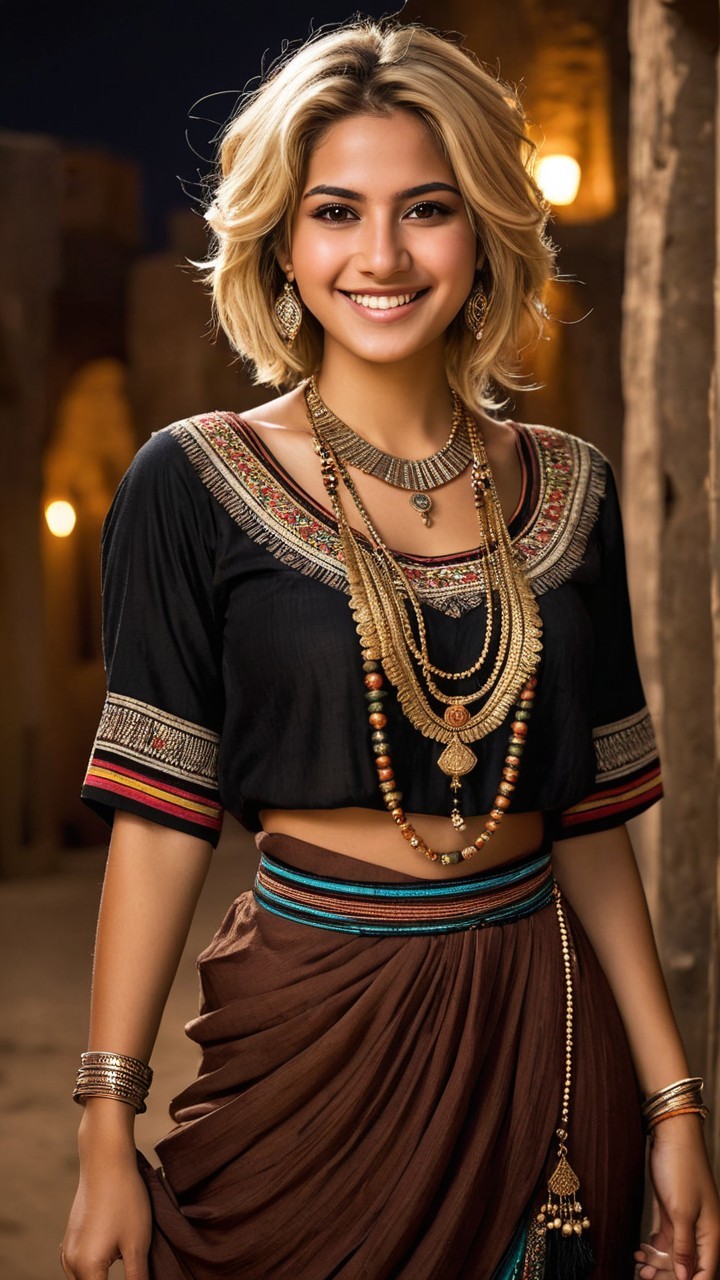 Young woman in elegant attire with colorful embroidery