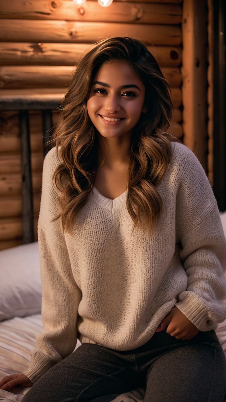 Cozy Cabin Setting with Young Woman in Sweater