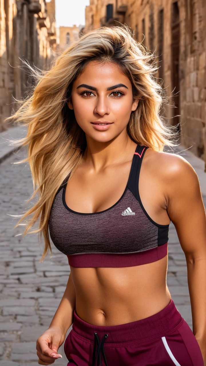 Young Woman in Sporty Outfit on Cobblestone Street