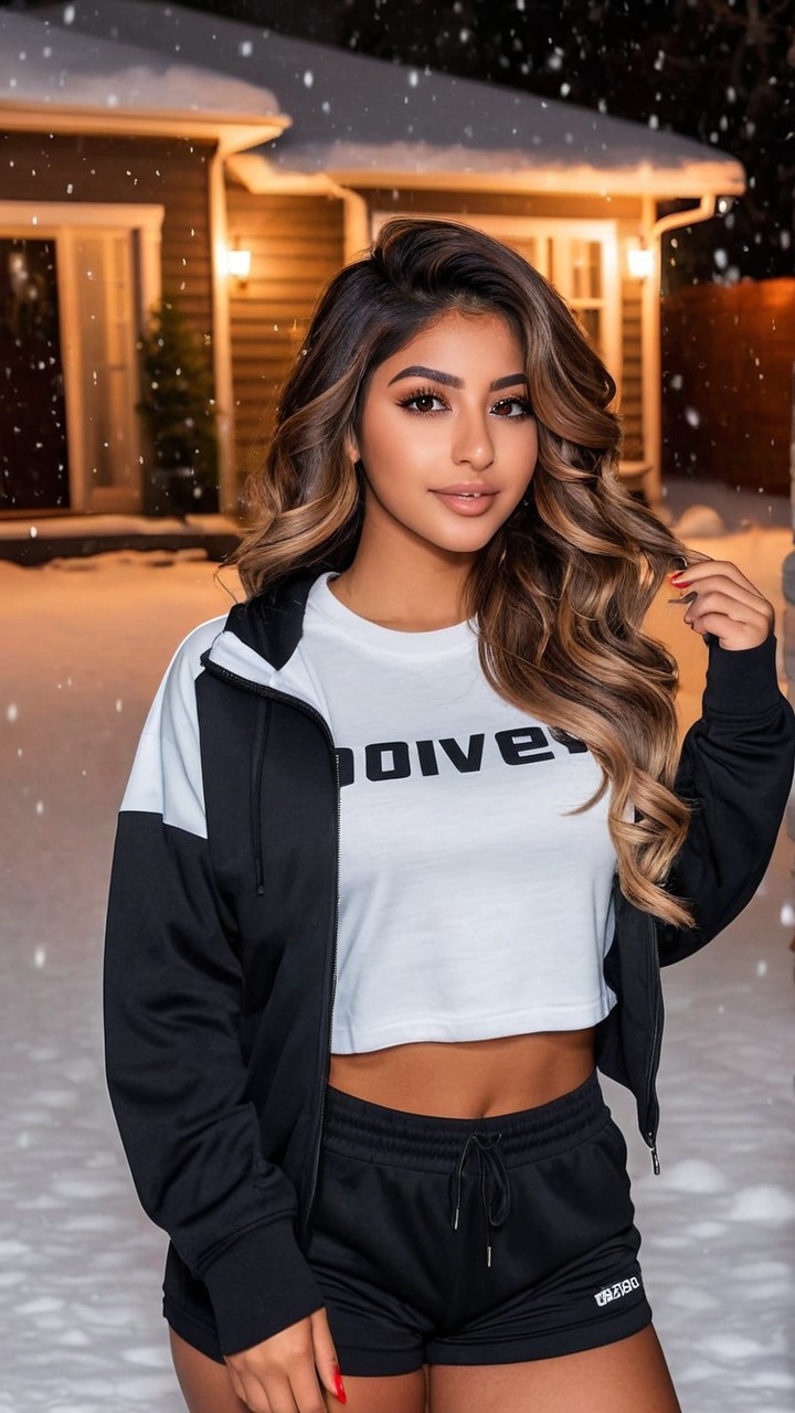 Young woman in winter attire outdoors at night