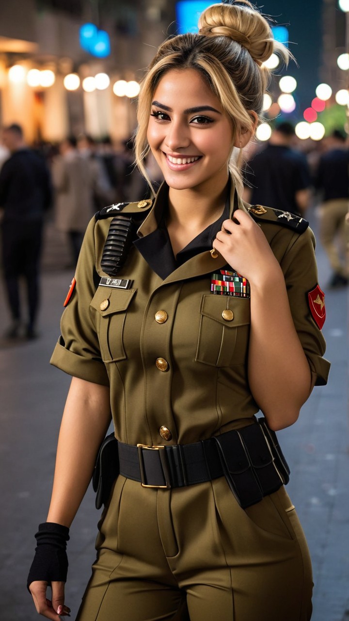 Confident Woman in Stylish Military Uniform with Urban Background