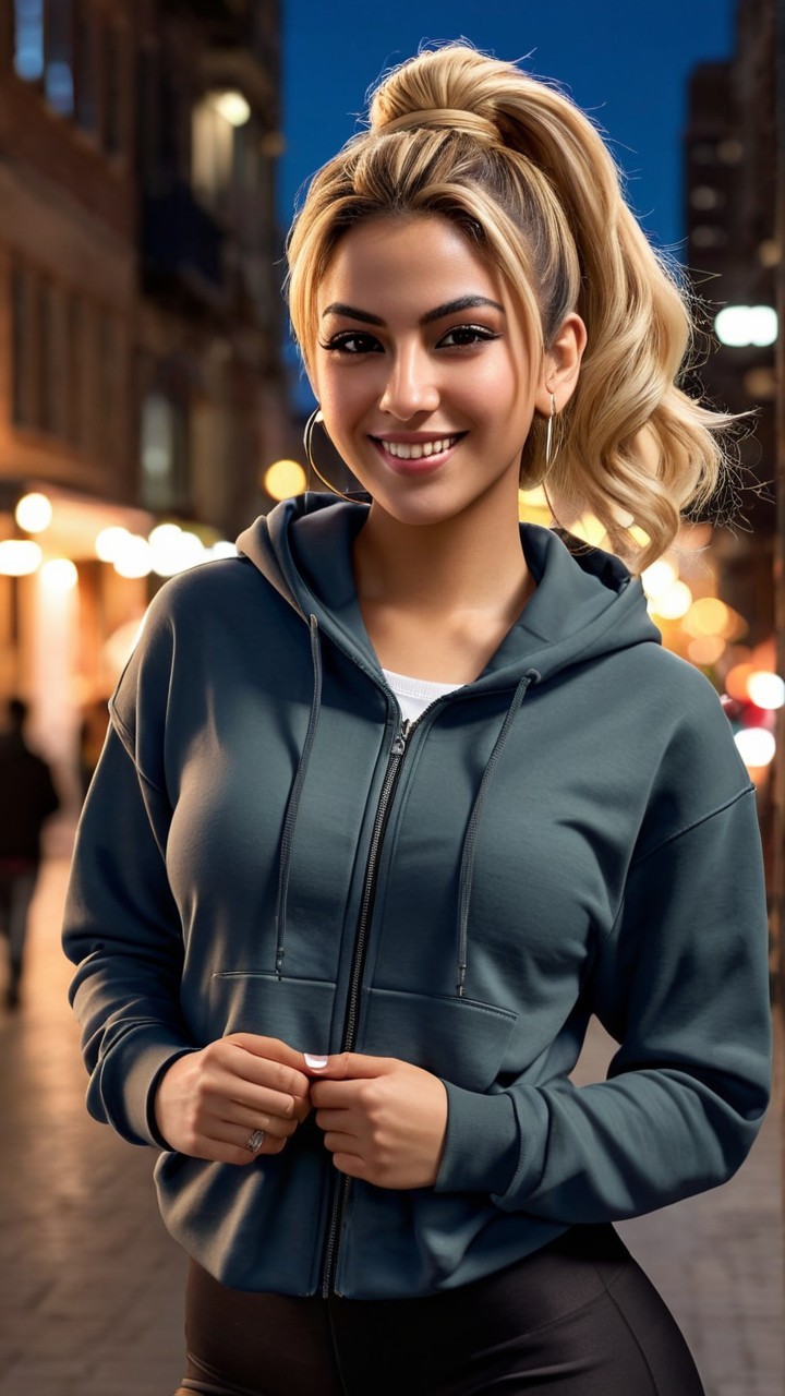 Young woman in zip-up hoodie outdoors at dusk