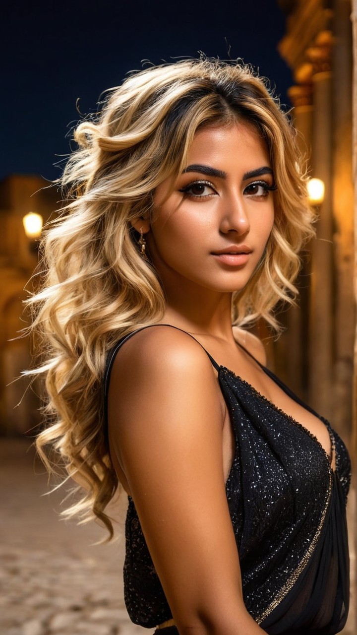 Young woman in stylish black dress with blonde hair