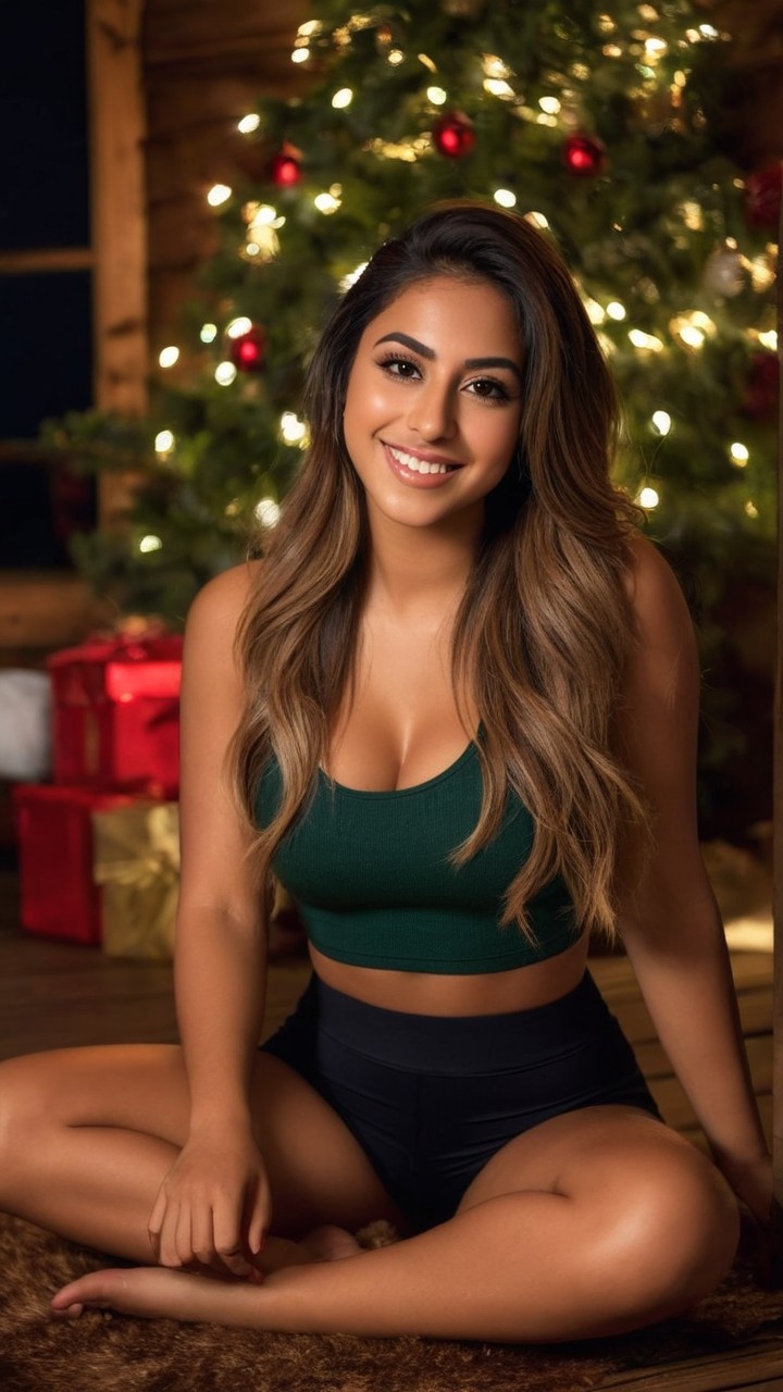 Cheerful woman with Christmas tree and gifts decor