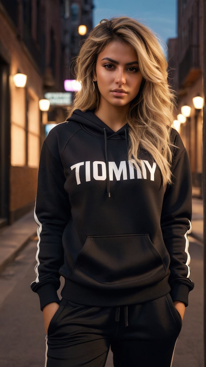 Young woman in black hoodie poses in urban alleyway