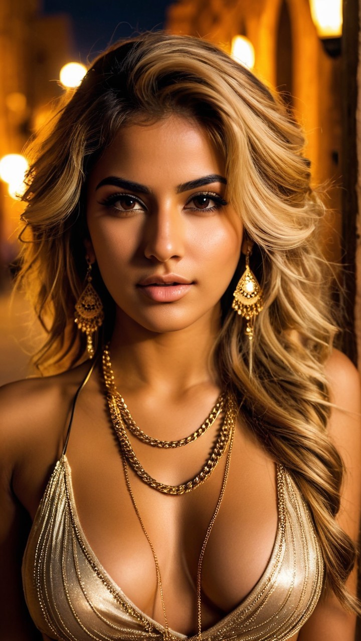 Confident Woman in Shimmering Gold Top and Jewelry