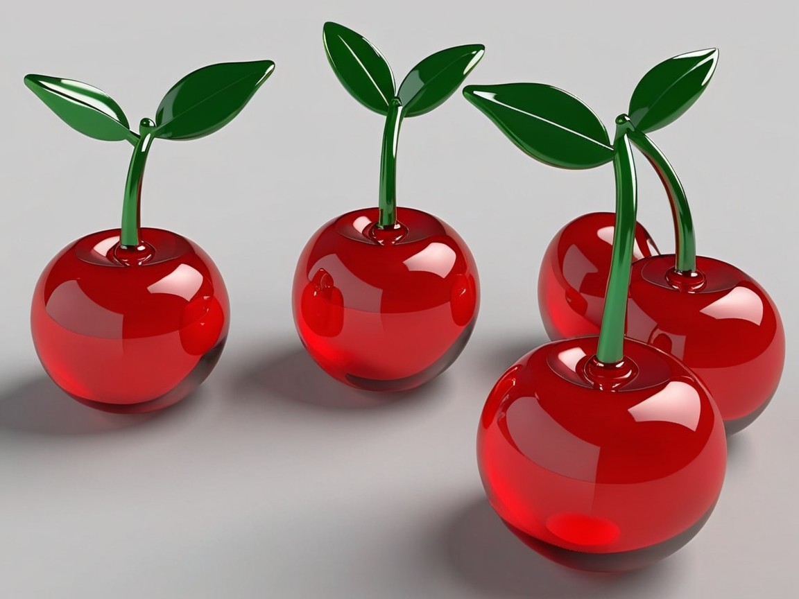 Vibrant Red Cherries with Green Stems and Leaves