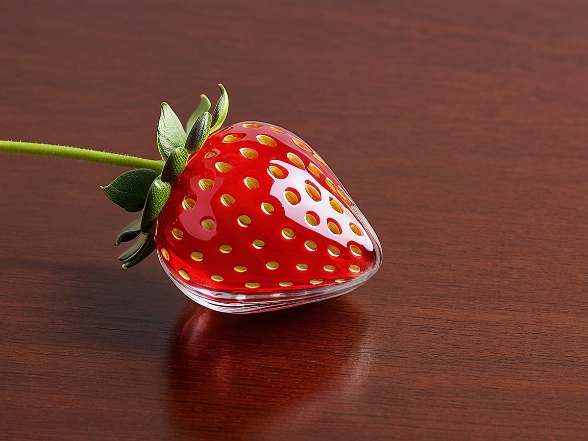 Glossy Red Glass Strawberry on Wooden Surface