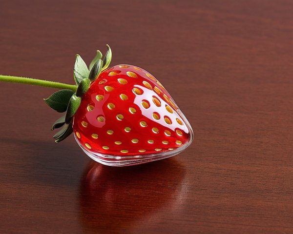 Glossy Red Glass Strawberry on Wooden Surface