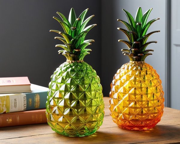 Decorative Glass Pineapples on Wooden Table with Books