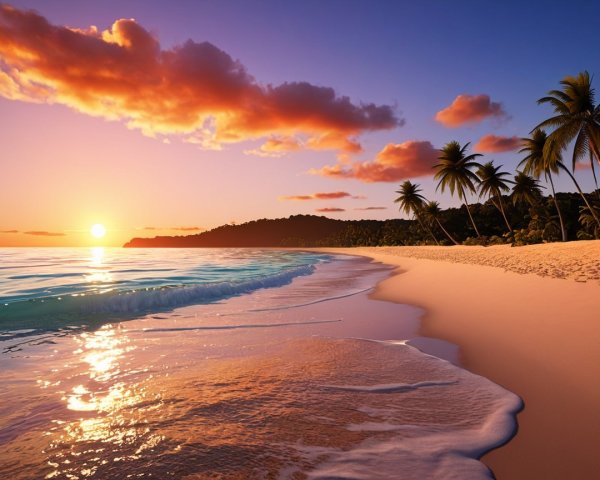 Serene Beach Sunset with Palm Trees and Gentle Waves