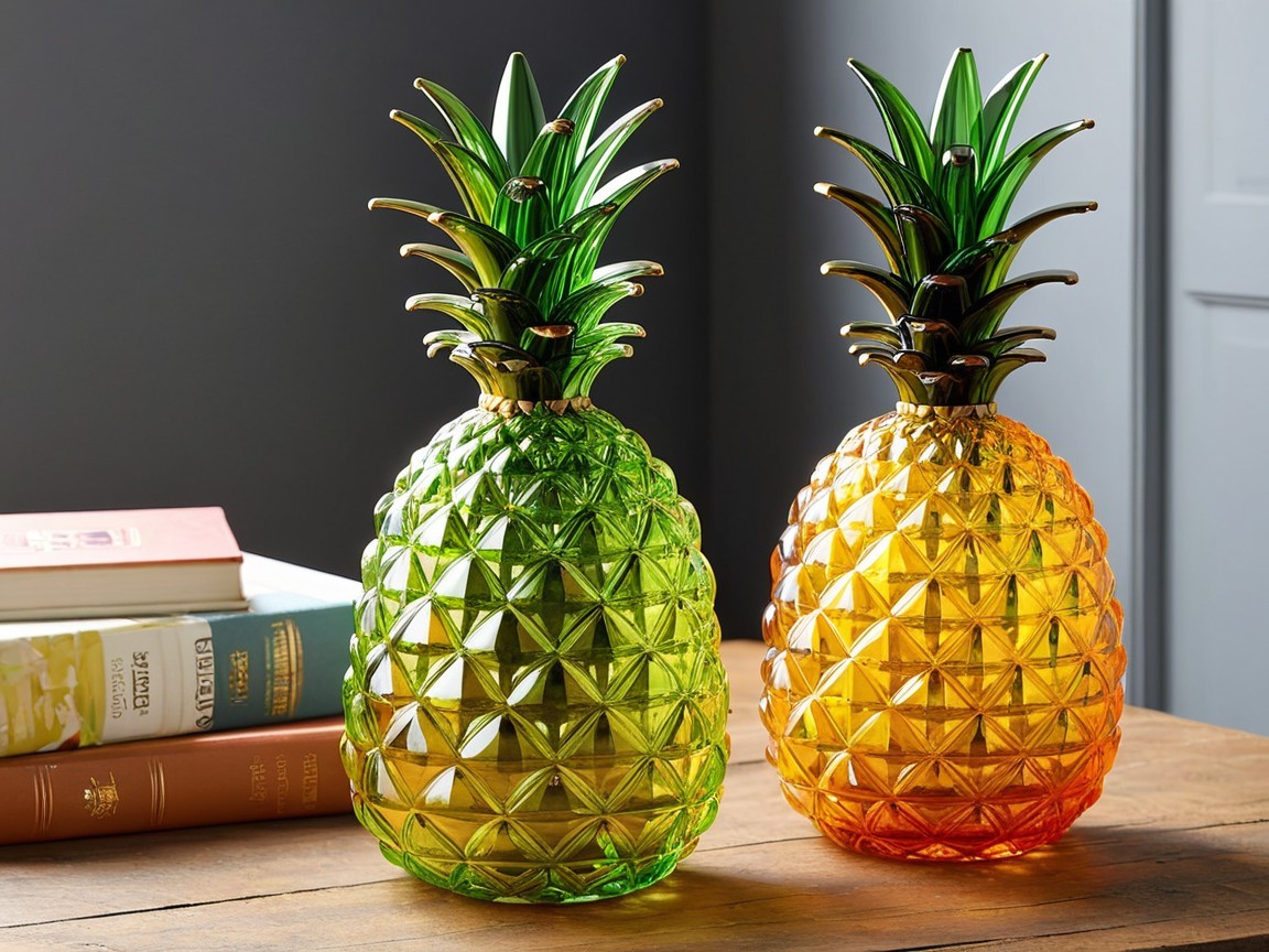Decorative Glass Pineapples on Wooden Table with Books