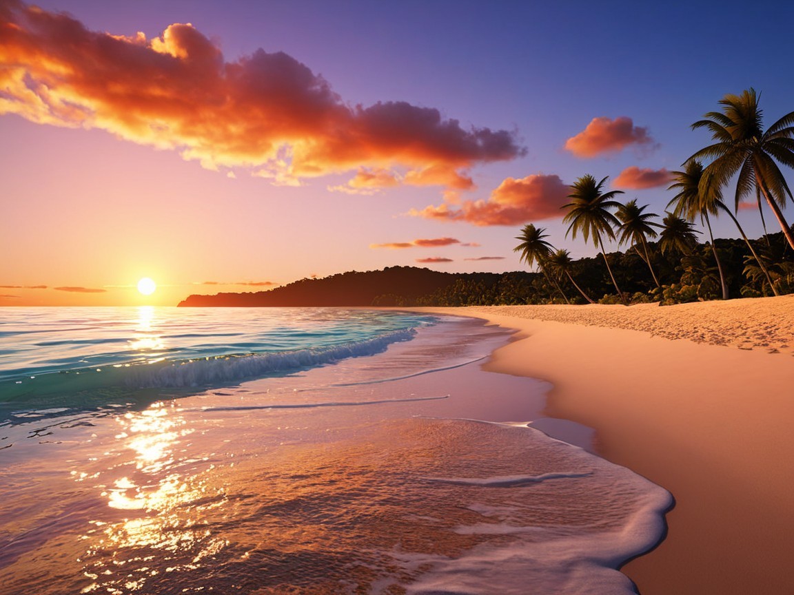 Serene Beach Sunset with Palm Trees and Gentle Waves