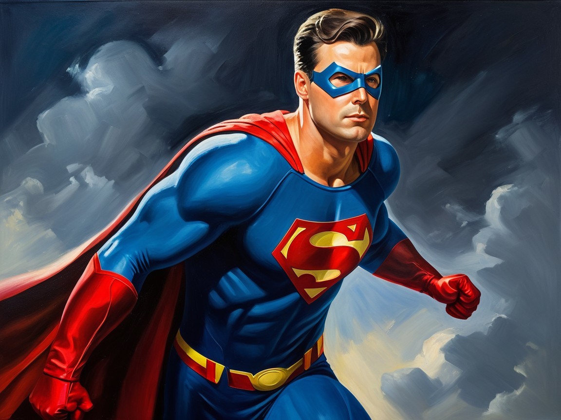 Muscular superhero in blue suit with red cape and emblem