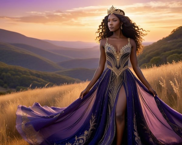 Woman in Purple Gown in Sunlit Meadow at Sunset