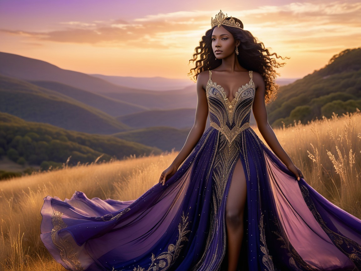 Woman in Purple Gown in Sunlit Meadow at Sunset