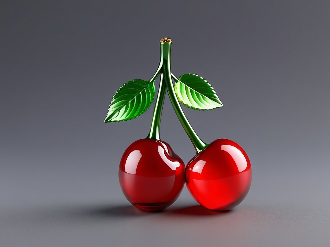 Vibrant Red Cherries with Green Stems and Leaves