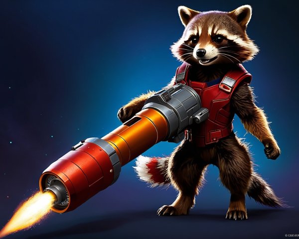 Anthropomorphic raccoon with rocket launcher in vibrant scene