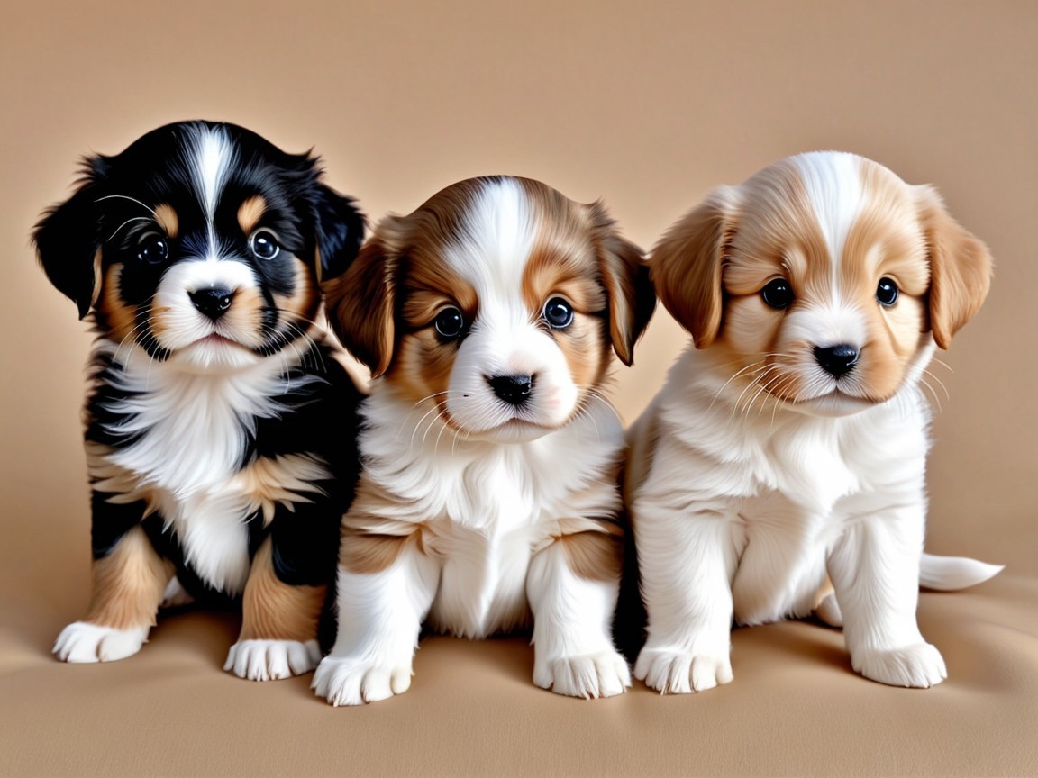 Three Adorable Puppies on Beige Backdrop