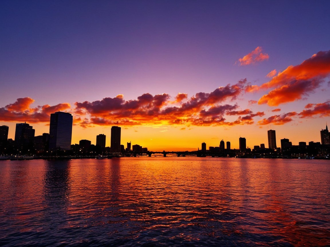 Vibrant Sunset Over City Skyline with Calm Water