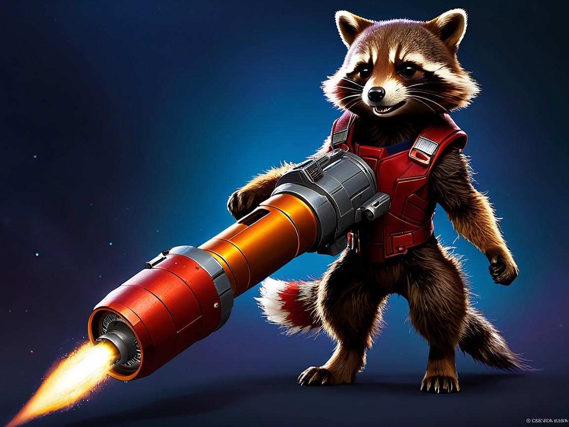 Anthropomorphic raccoon with rocket launcher in vibrant scene
