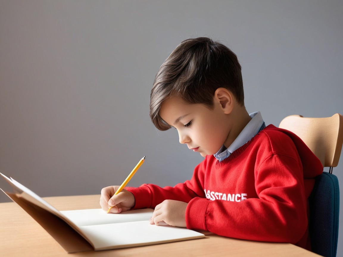 Young boy writing in notebook at wooden table