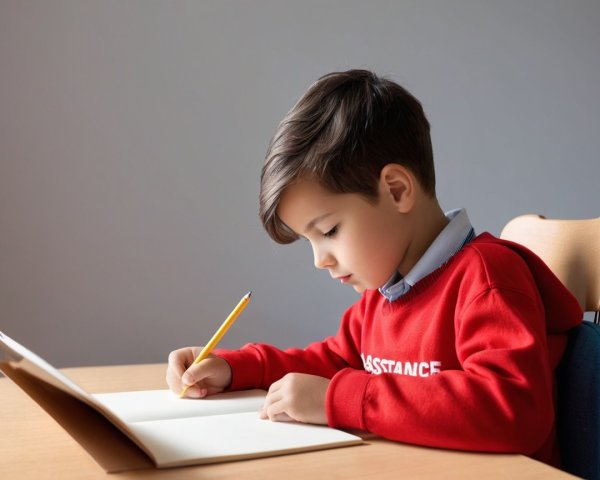 Young boy writing in notebook at wooden table