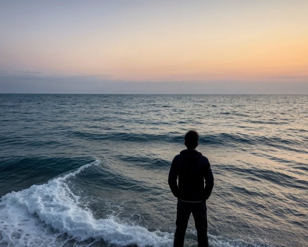 Solitary Figure at Sunset by the Calm Sea
