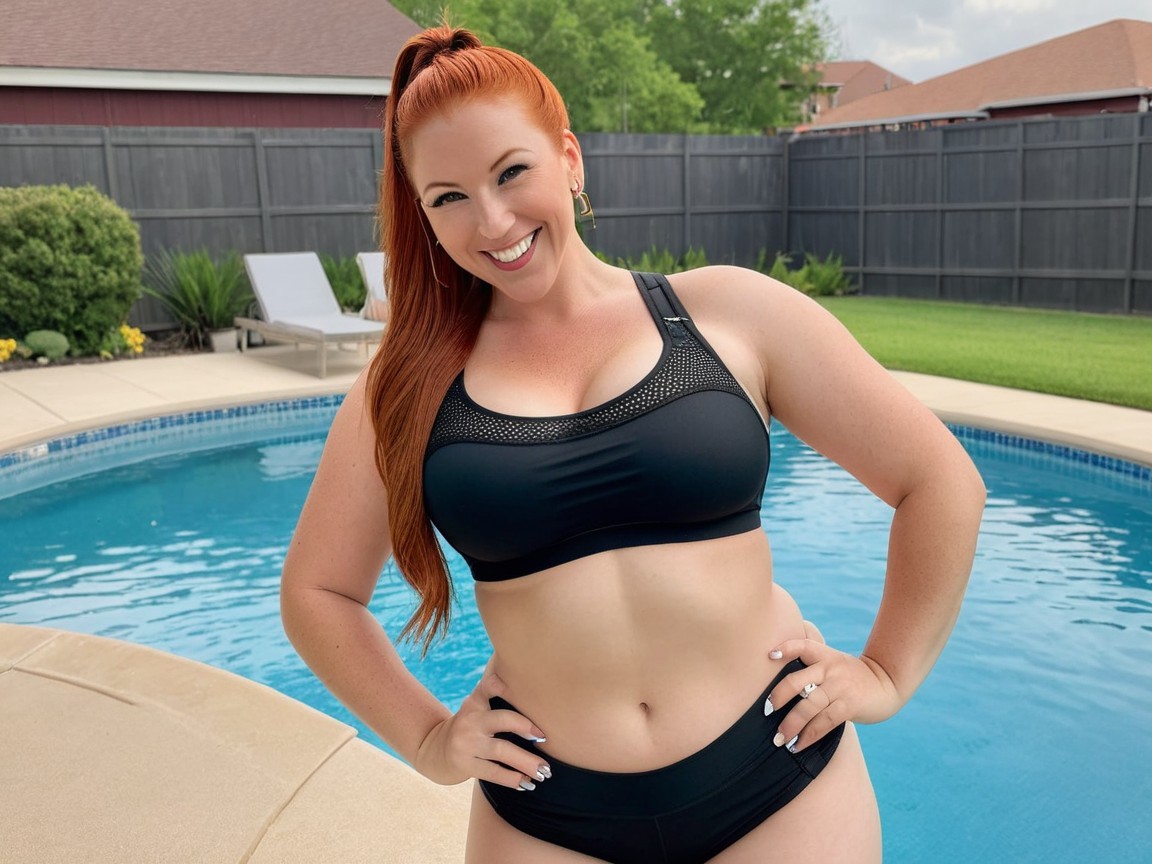 Confident Woman by Pool in Black Bikini and Greenery