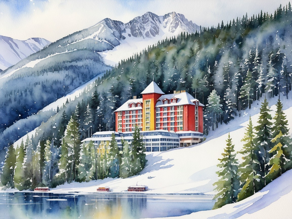 Winter Landscape with Cozy Hotel in Snowy Mountains