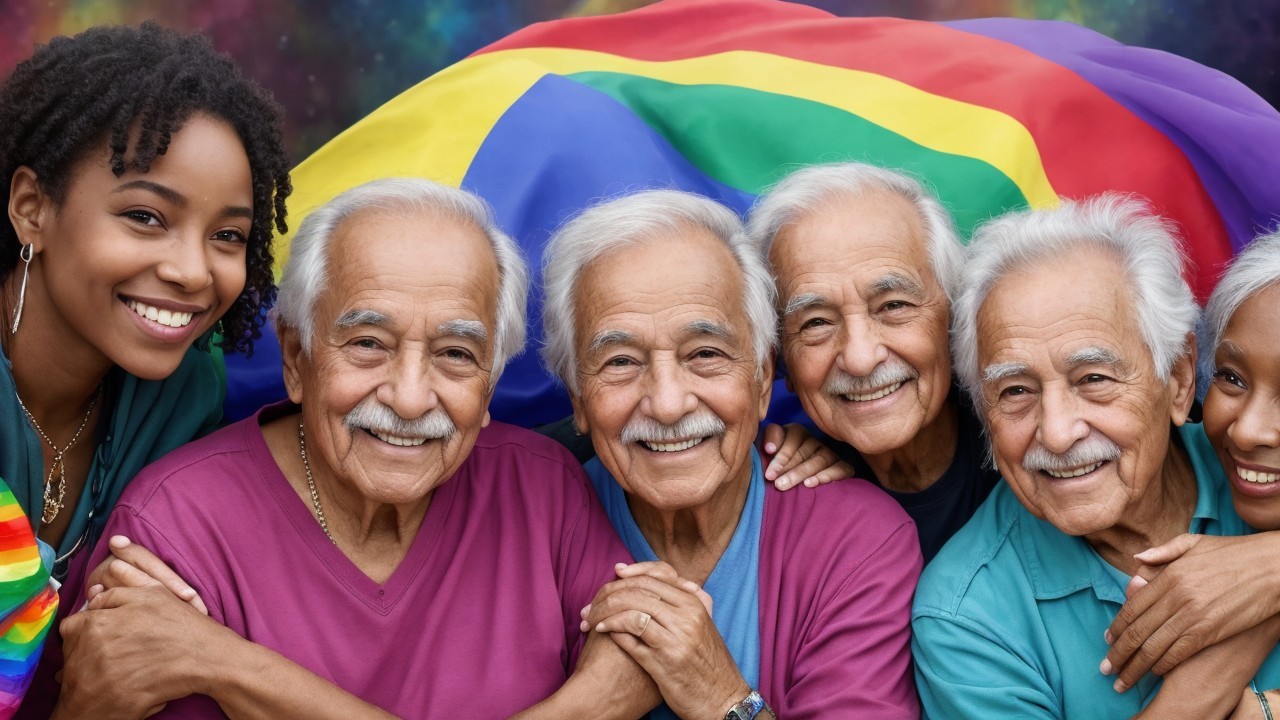 Older men with silver hair and a young woman with a rainbow flag