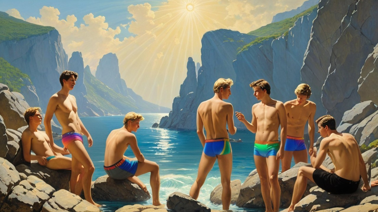 Young Men on Rocky Terrain by Clear Blue Sea