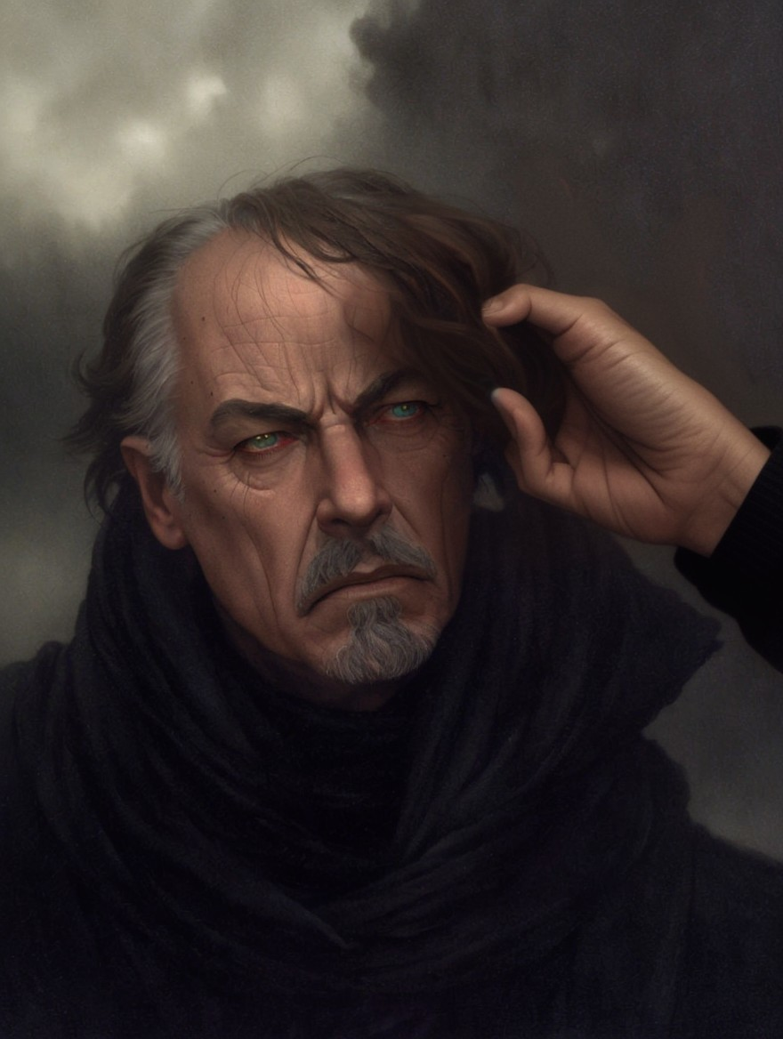 Middle-aged man with green eyes in stormy backdrop