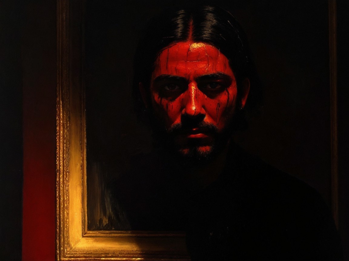 Dramatic Portrait of a Man with Red Paint and Shadows