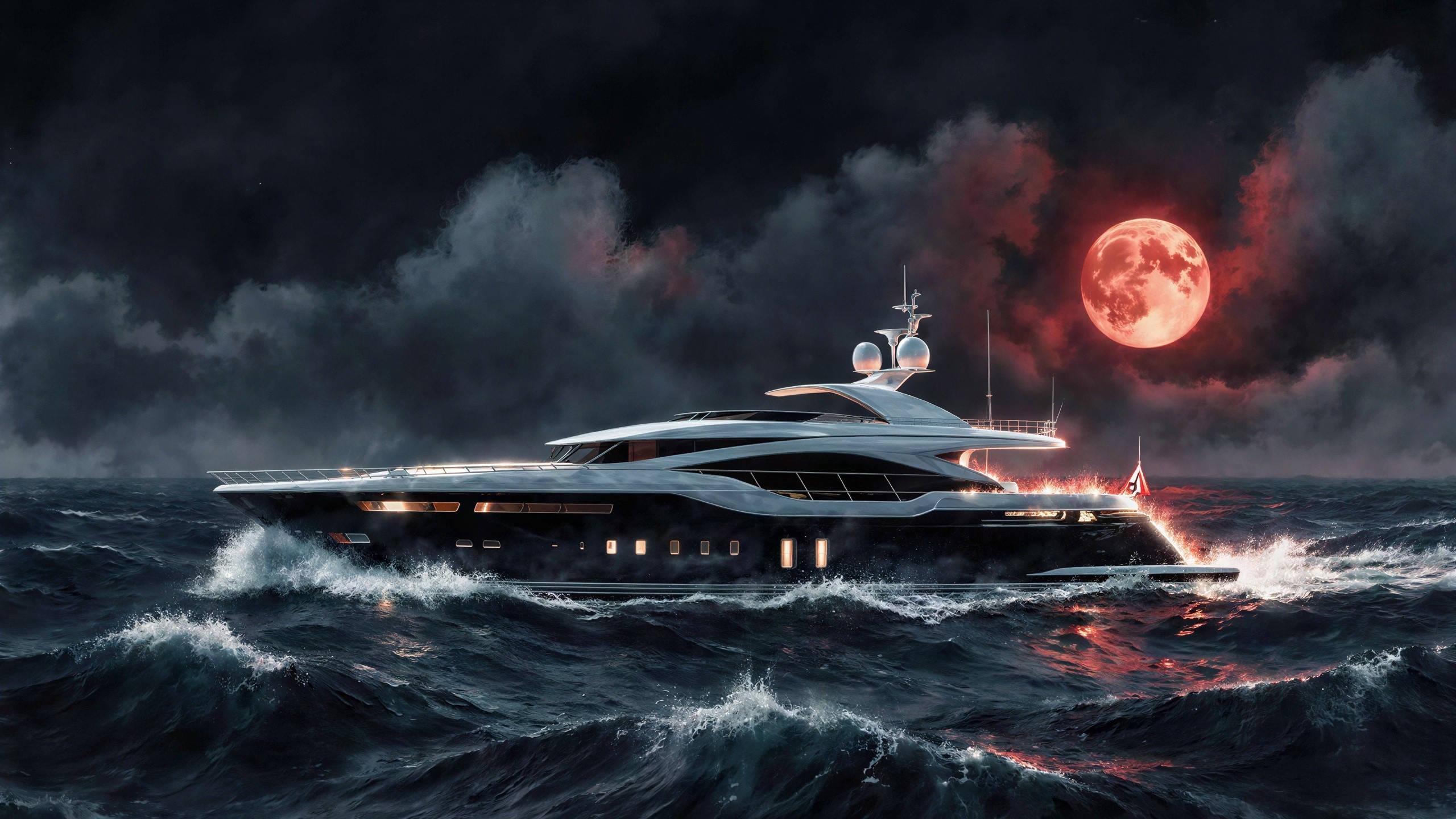 Luxurious Yacht Navigating Stormy Seas Under Moonlight