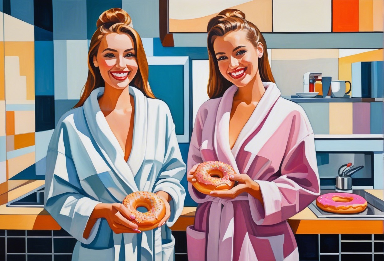 Smiling Women in Cozy Bathrobes with Colorful Donuts