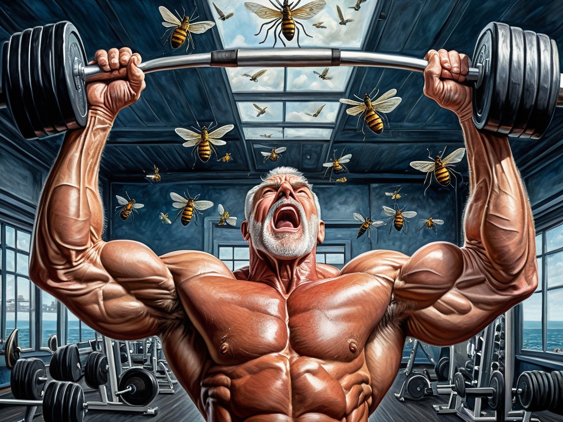 Muscled Man Lifts Weights Surrounded by Bees in Gym