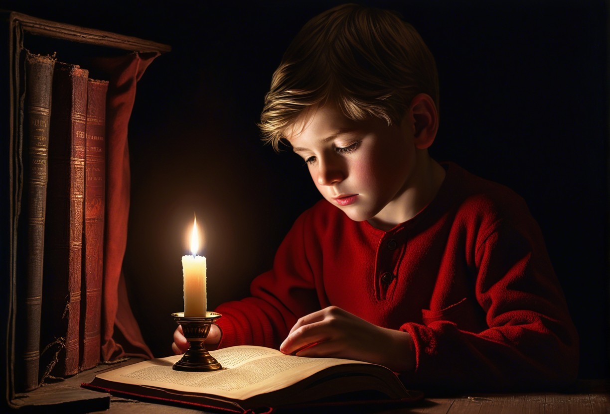 Young boy reading at a candlelit table with books