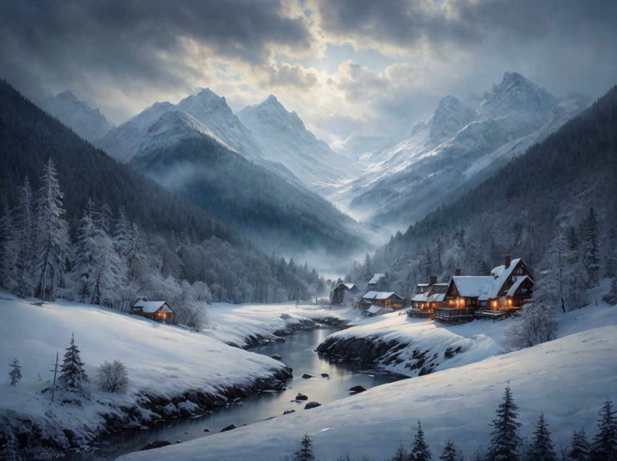 Serene Winter Landscape with Snow-Covered Village