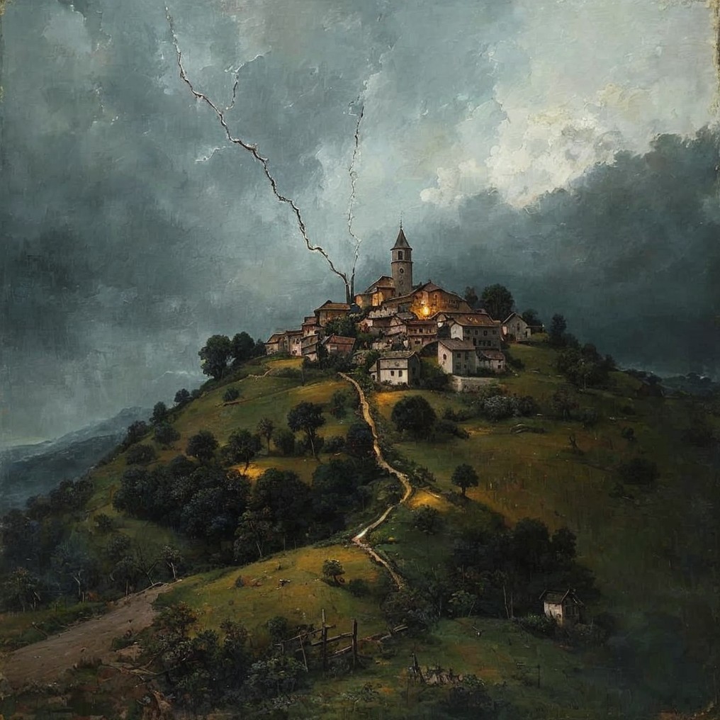 Village on a Hill Under Stormy Skies and Lightning