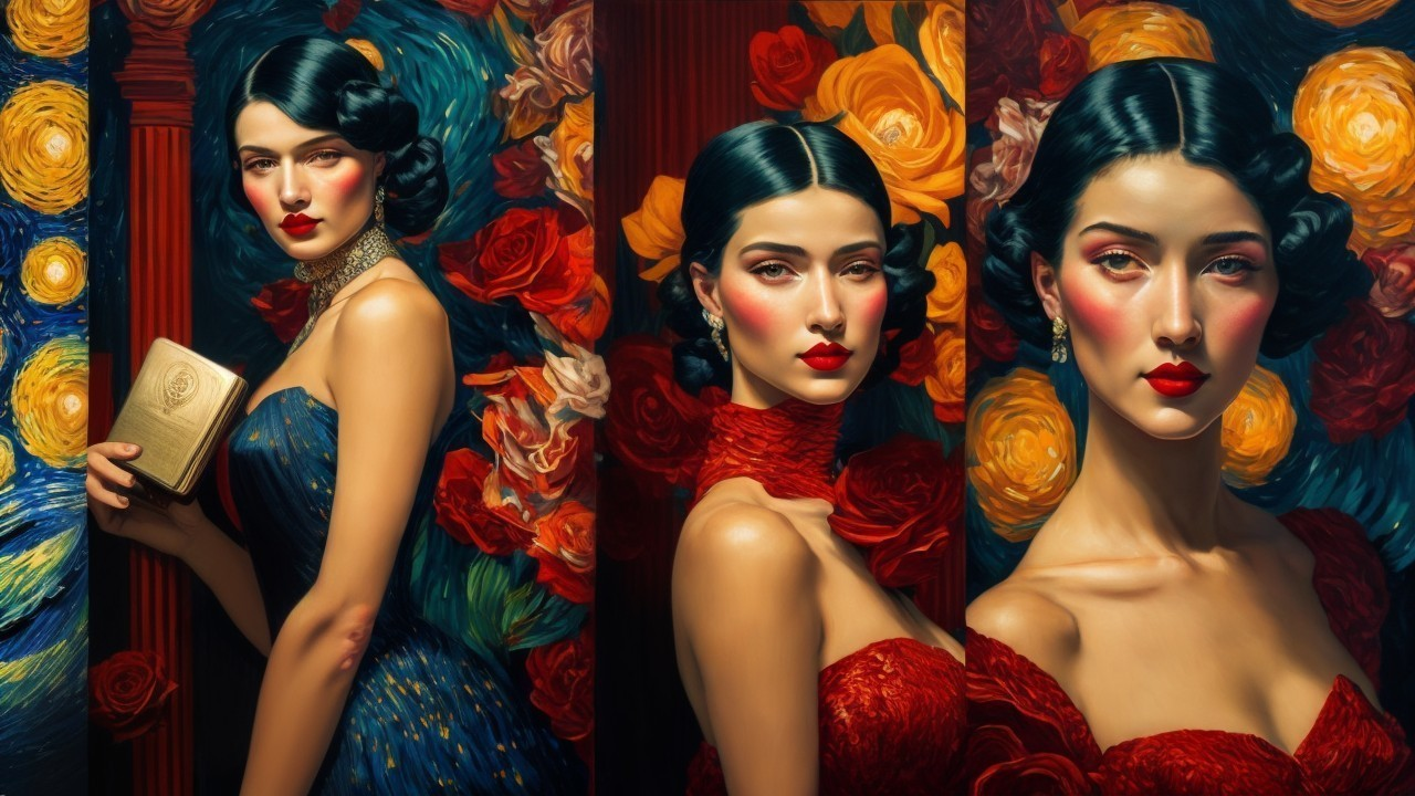 Elegant Women with Dramatic Makeup and Roses Backdrop