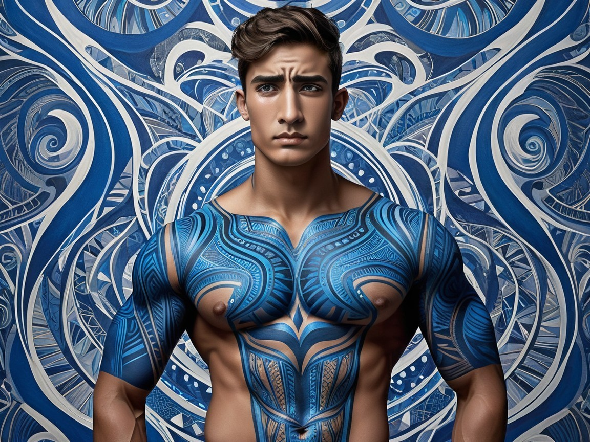Muscular Young Man with Blue Tribal Tattoos Displayed