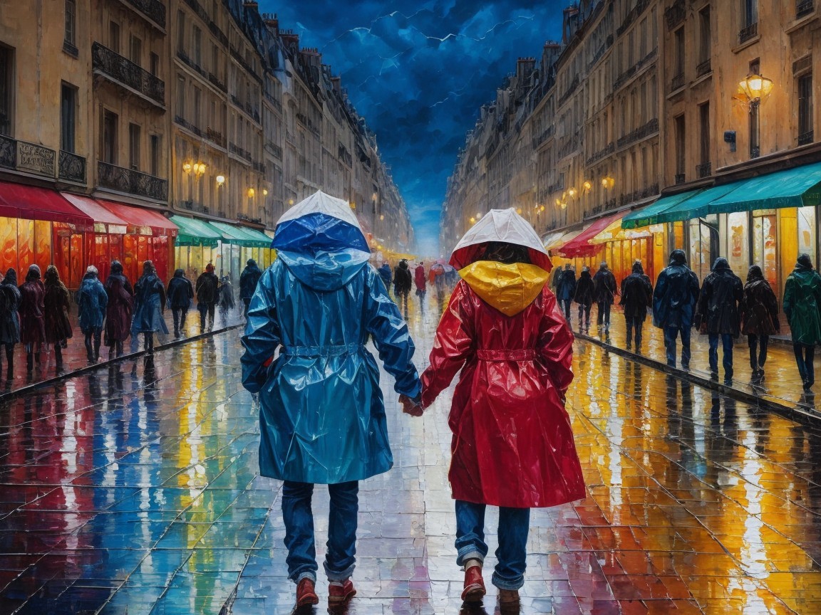 Rainy Paris Street Scene with Colorful Raincoats