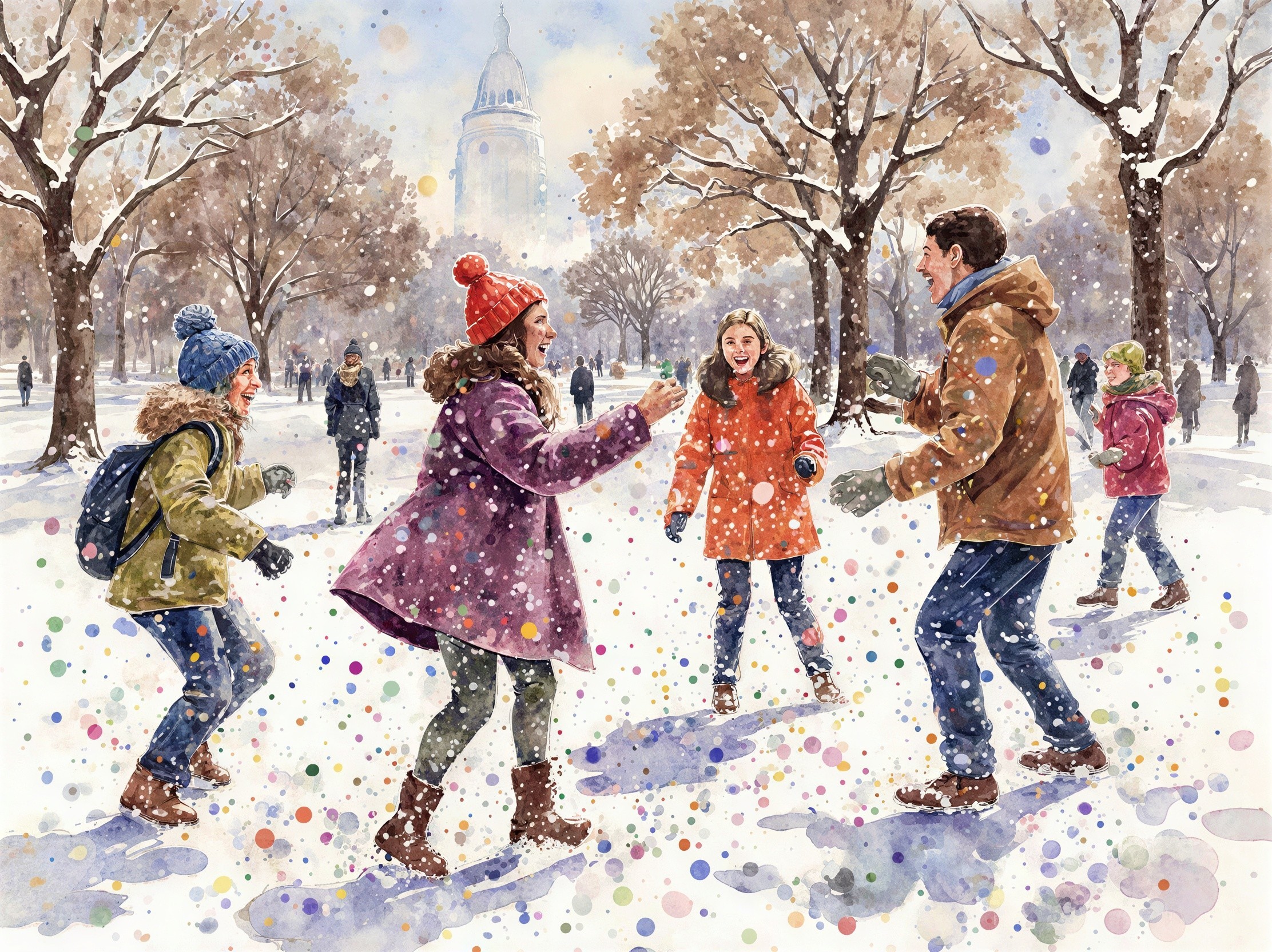 Winter Family Fun in a Snowy Park Scene