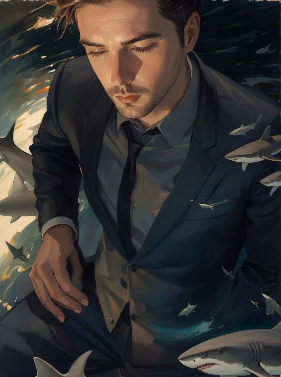 Digital Portrait of a Man Surrounded by Sharks